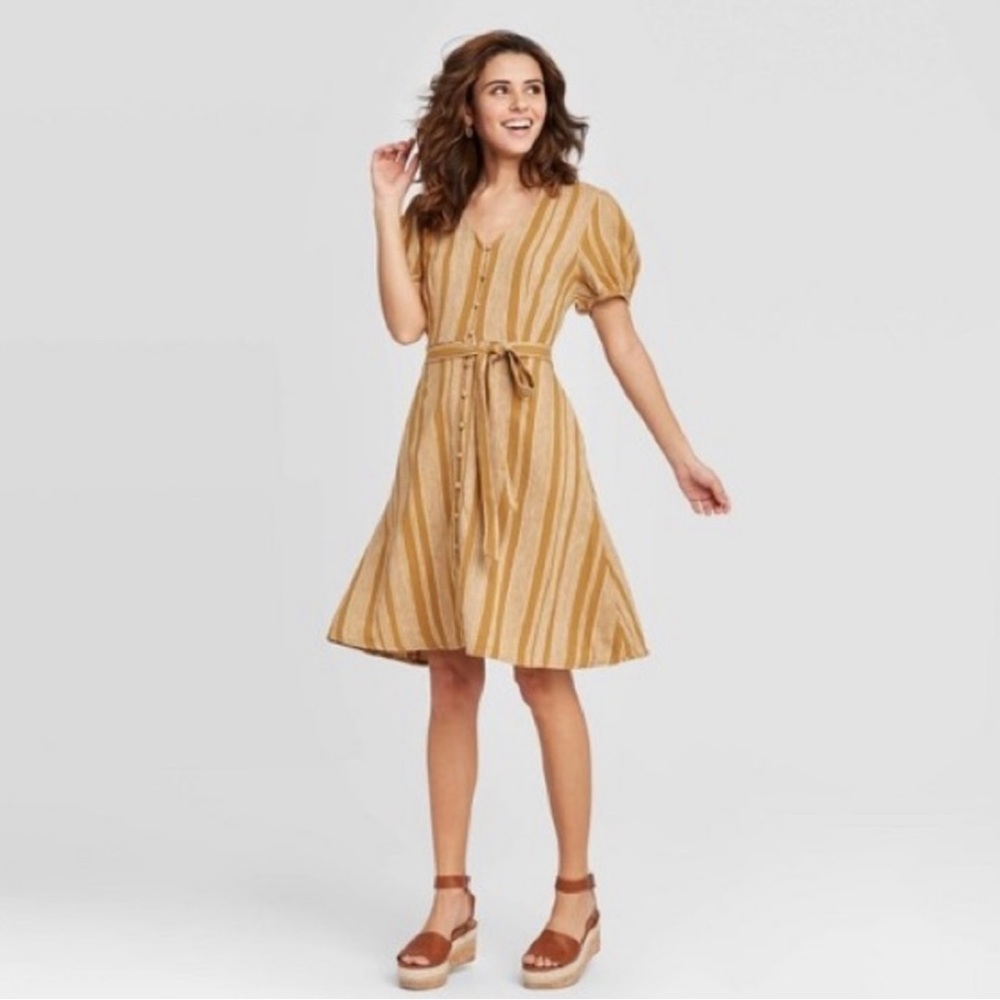 UNIVERSAL THREAD Mustard Yellow Striped Dress Size Medium STH 39” PTP 20”